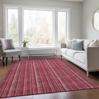 8' X 10' Pink Burgundy And Ivory Striped Washable Indoor Outdoor Area Rug