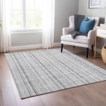 5' X 8' Silver And Gray Striped Washable Indoor Outdoor Area Rug