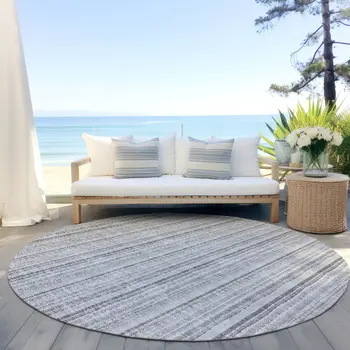 8' Silver And Gray Round Striped Washable Indoor Outdoor Area Rug
