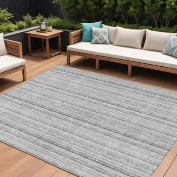 10' X 14' Silver And Gray Striped Washable Indoor Outdoor Area Rug