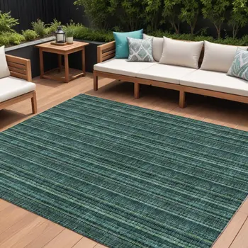 10' X 14' Teal Blue Aqua And Mint Green Striped Washable Indoor Outdoor Area Rug