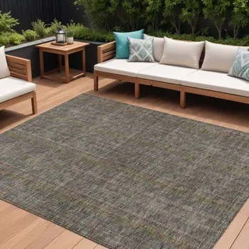 8' X 10' Taupe Denim Blue And Olive Green Striped Washable Indoor Outdoor Area Rug