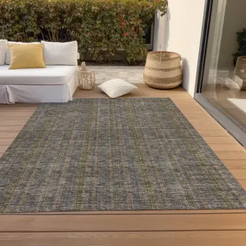 8' X 10' Taupe Denim Blue And Olive Green Striped Washable Indoor Outdoor Area Rug