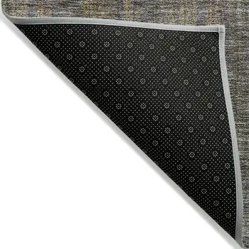 8' X 10' Taupe Denim Blue And Olive Green Striped Washable Indoor Outdoor Area Rug