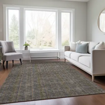 8' X 10' Taupe Denim Blue And Olive Green Striped Washable Indoor Outdoor Area Rug