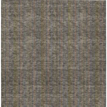 9' X 12' Taupe Denim Blue And Olive Green Striped Washable Indoor Outdoor Area Rug