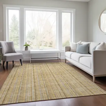 8' X 10' Wheat Gold And Gray Striped Washable Indoor Outdoor Area Rug