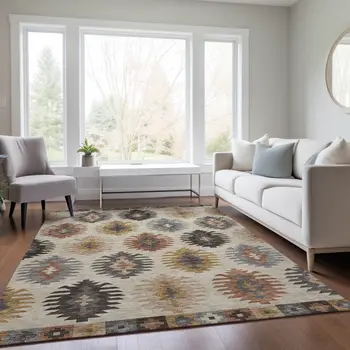 3' X 5' Beige Copper And Gray Southwestern Washable Indoor Outdoor Area Rug