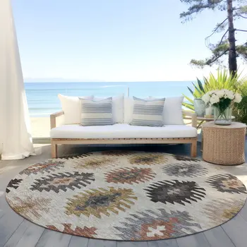 8' Beige Copper And Gray Round Southwestern Washable Indoor Outdoor Area Rug