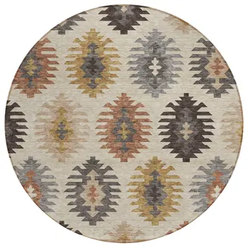 8' Beige Copper And Gray Round Southwestern Washable Indoor Outdoor Area Rug