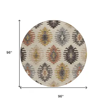 8' Beige Copper And Gray Round Southwestern Washable Indoor Outdoor Area Rug