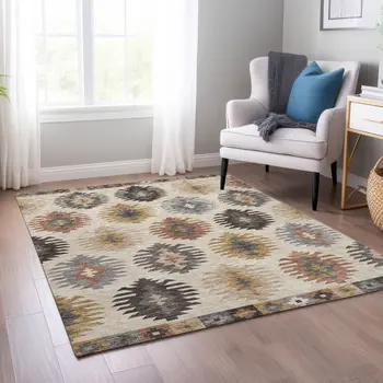 8' X 10' Beige Copper And Gray Southwestern Washable Indoor Outdoor Area Rug