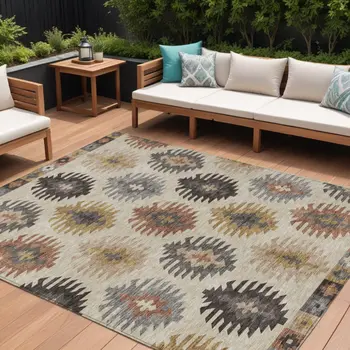 9' X 12' Beige Copper And Gray Southwestern Washable Indoor Outdoor Area Rug