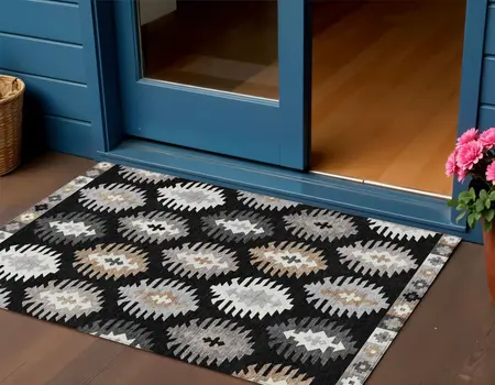 3' X 5' Black Ivory And Taupe Southwestern Washable Indoor Outdoor Area Rug