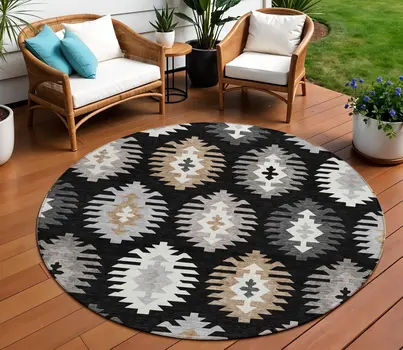 8' Black Ivory And Taupe Round Southwestern Washable Indoor Outdoor Area Rug