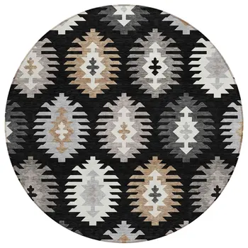8' Black Ivory And Taupe Round Southwestern Washable Indoor Outdoor Area Rug