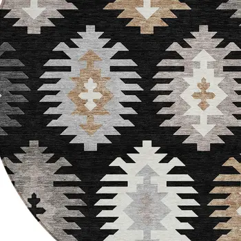 8' Black Ivory And Taupe Round Southwestern Washable Indoor Outdoor Area Rug