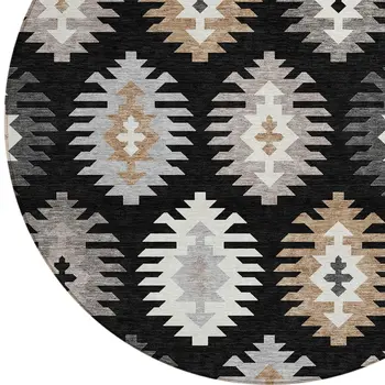 8' Black Ivory And Taupe Round Southwestern Washable Indoor Outdoor Area Rug
