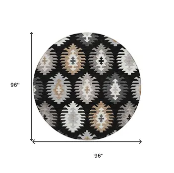 8' Black Ivory And Taupe Round Southwestern Washable Indoor Outdoor Area Rug