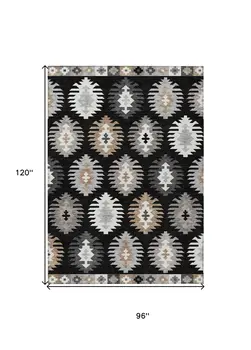 8' X 10' Black Ivory And Taupe Southwestern Washable Indoor Outdoor Area Rug