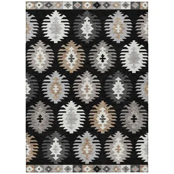 8' X 10' Black Ivory And Taupe Southwestern Washable Indoor Outdoor Area Rug