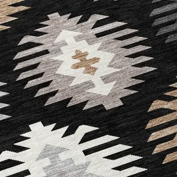 8' X 10' Black Ivory And Taupe Southwestern Washable Indoor Outdoor Area Rug