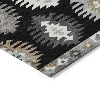 9' X 12' Black Ivory And Taupe Southwestern Washable Indoor Outdoor Area Rug