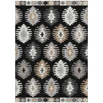 9' X 12' Black Ivory And Taupe Southwestern Washable Indoor Outdoor Area Rug