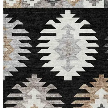 10' X 14' Black Ivory And Taupe Southwestern Washable Indoor Outdoor Area Rug