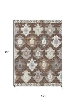 5' X 8' Brown Ivory And Taupe Southwestern Washable Indoor Outdoor Area Rug