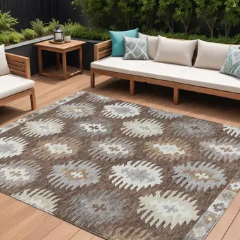 8' X 10' Brown Ivory And Taupe Southwestern Washable Indoor Outdoor Area Rug
