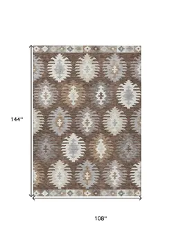 9' X 12' Brown Ivory And Taupe Southwestern Washable Indoor Outdoor Area Rug