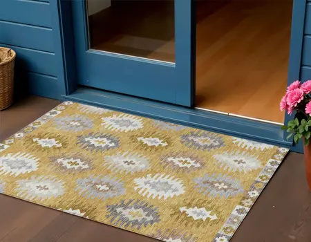 3' X 5' Gold Ivory And Taupe Southwestern Washable Indoor Outdoor Area Rug