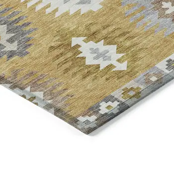 3' X 5' Gold Ivory And Taupe Southwestern Washable Indoor Outdoor Area Rug