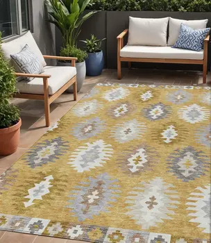 5' X 8' Gold Ivory And Taupe Southwestern Washable Indoor Outdoor Area Rug