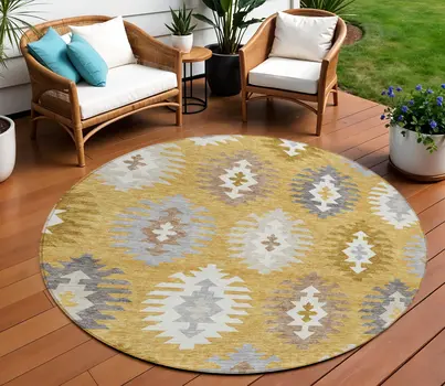 8' Gold Ivory And Taupe Round Southwestern Washable Indoor Outdoor Area Rug
