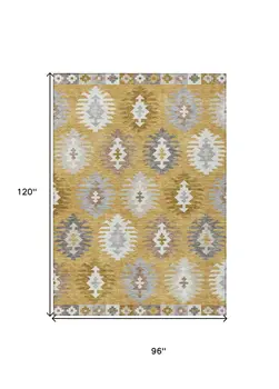 8' X 10' Gold Ivory And Taupe Southwestern Washable Indoor Outdoor Area Rug