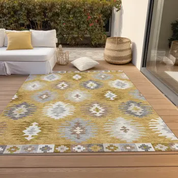 8' X 10' Gold Ivory And Taupe Southwestern Washable Indoor Outdoor Area Rug