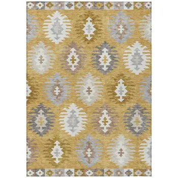 8' X 10' Gold Ivory And Taupe Southwestern Washable Indoor Outdoor Area Rug