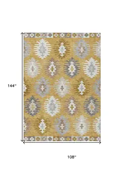 9' X 12' Gold Ivory And Taupe Southwestern Washable Indoor Outdoor Area Rug