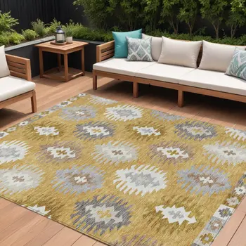 9' X 12' Gold Ivory And Taupe Southwestern Washable Indoor Outdoor Area Rug