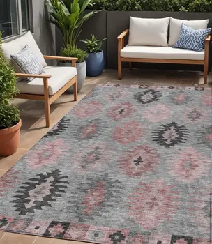 5' X 8' Gray Mauve And Charcoal Southwestern Washable Indoor Outdoor Area Rug