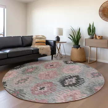 8' Gray Mauve And Charcoal Round Southwestern Washable Indoor Outdoor Area Rug