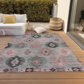 9' X 12' Gray Mauve And Charcoal Southwestern Washable Indoor Outdoor Area Rug