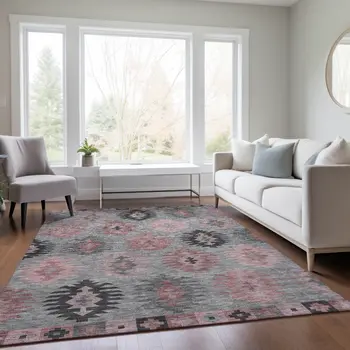 9' X 12' Gray Mauve And Charcoal Southwestern Washable Indoor Outdoor Area Rug