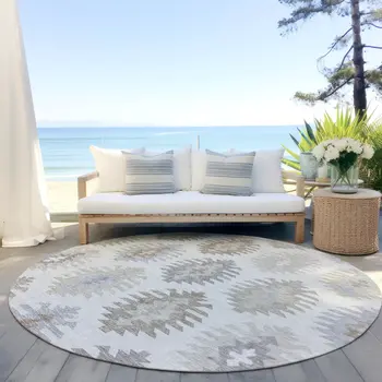 8' Ivory Khaki And Gray Round Southwestern Washable Indoor Outdoor Area Rug