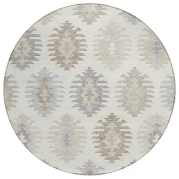 8' Ivory Khaki And Gray Round Southwestern Washable Indoor Outdoor Area Rug