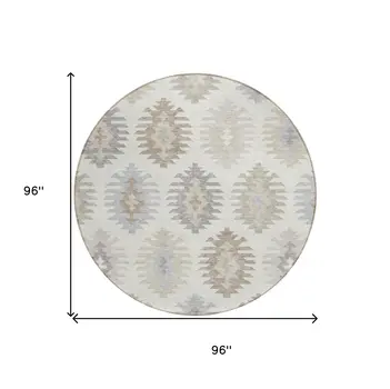 8' Ivory Khaki And Gray Round Southwestern Washable Indoor Outdoor Area Rug