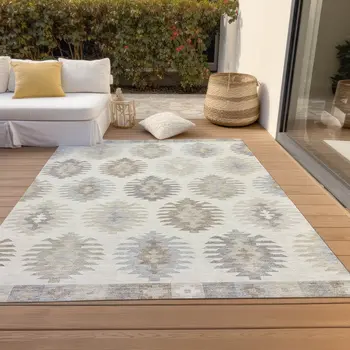 10' X 14' Ivory Khaki And Gray Southwestern Washable Indoor Outdoor Area Rug