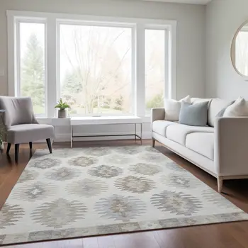 10' X 14' Ivory Khaki And Gray Southwestern Washable Indoor Outdoor Area Rug